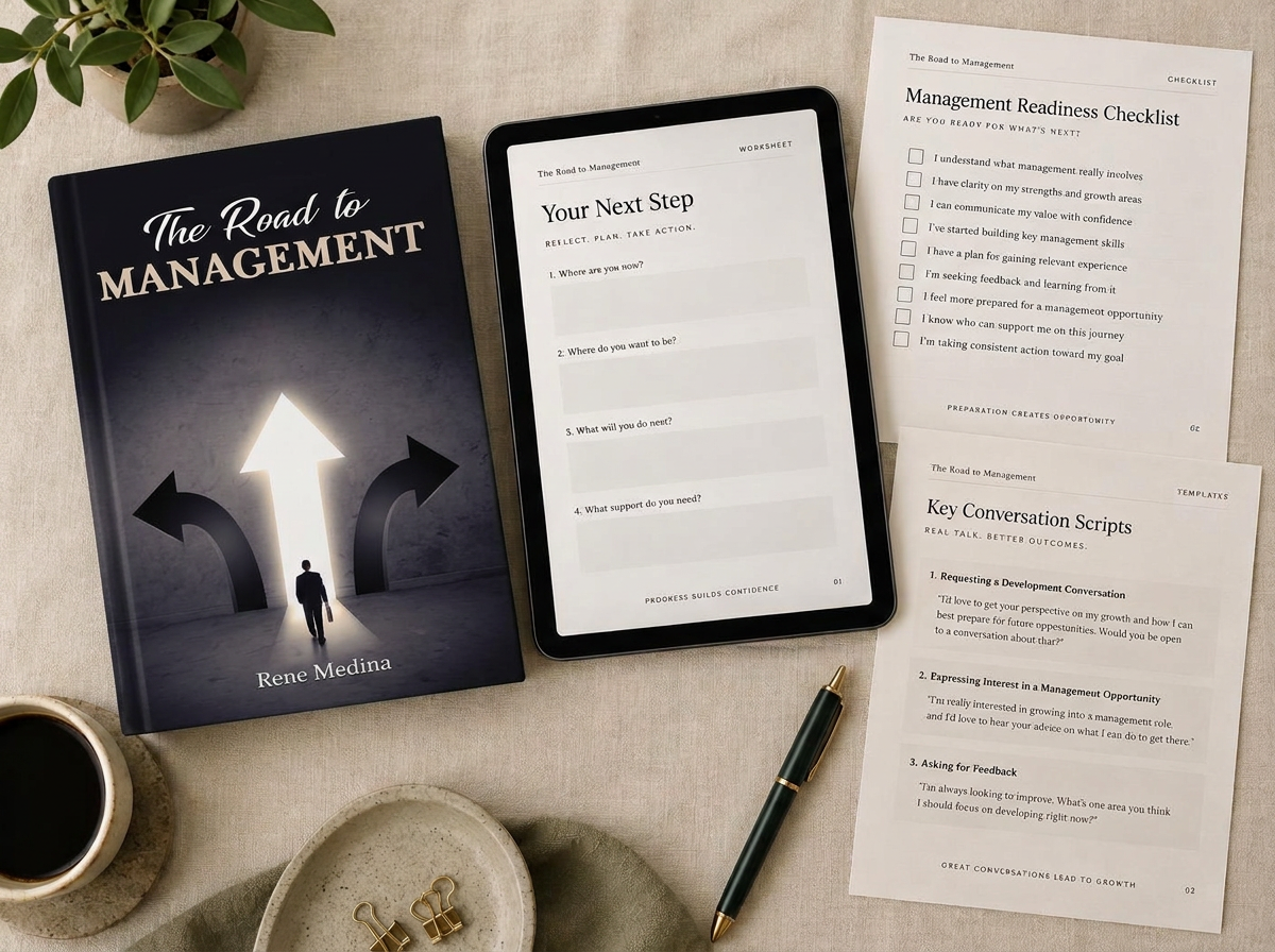 The Road to Management book by Rene Medina with readiness worksheets, checklist and conversation scripts